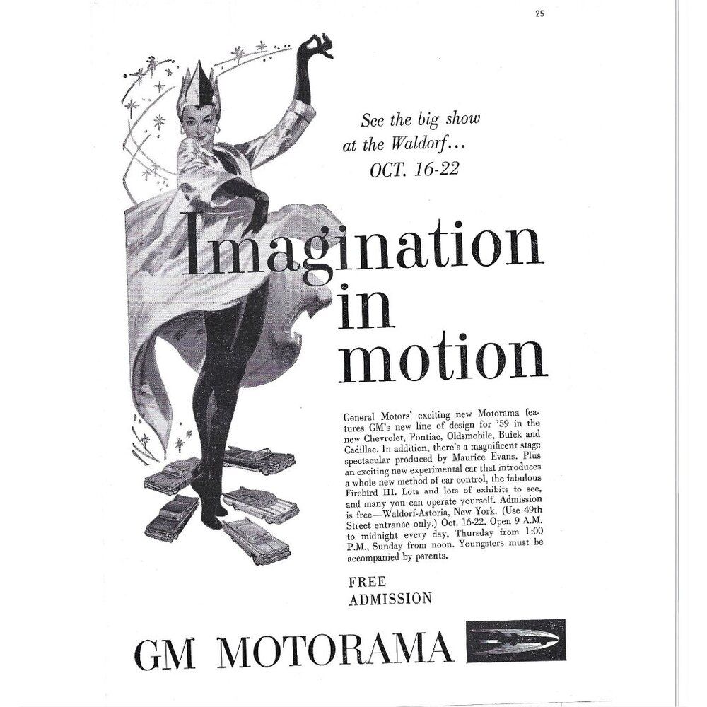 GM Motorama imagination in Motion Waldorf Astoria 1950s Vintage Print Ad 9 inch